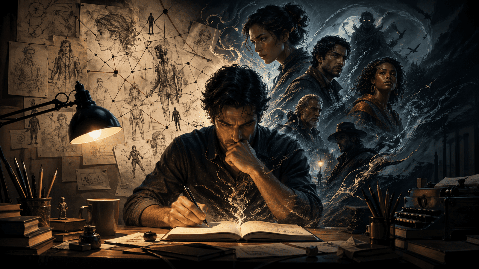 Escritor creando personajes de novela en un escritorio, rodeado de bocetos, notas y figuras imaginarias que emergen de su proceso creativo en una escena cinematográfica horizontal