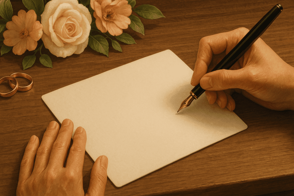 Manos escribiendo con bolígrafo una tarjeta de aniversario de bodas sobre una mesa, junto a sobres y detalles elegantes.