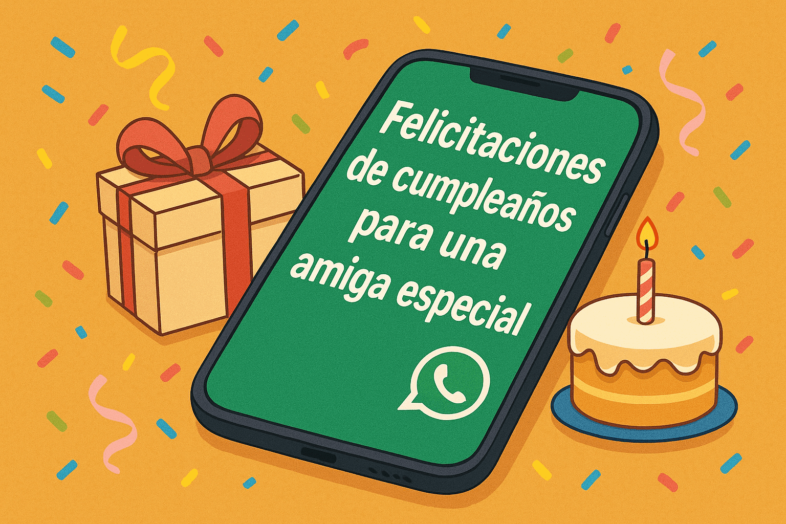 Ilustración digital de una tarjeta de cumpleaños para una amiga especial con el texto “Feliz cumpleaños” en español, globos y colores pastel.