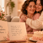 Imagen de portada con madre e hija abrazadas, tarjeta de cumpleaños abierta, flores rosadas y pastel para artículo sobre frases bonitas para tarjetas de cumpleaños para mamá