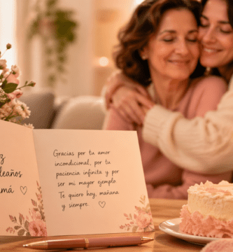 Imagen de portada con madre e hija abrazadas, tarjeta de cumpleaños abierta, flores rosadas y pastel para artículo sobre frases bonitas para tarjetas de cumpleaños para mamá
