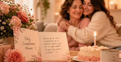 Imagen de portada con madre e hija abrazadas, tarjeta de cumpleaños abierta, flores rosadas y pastel para artículo sobre frases bonitas para tarjetas de cumpleaños para mamá