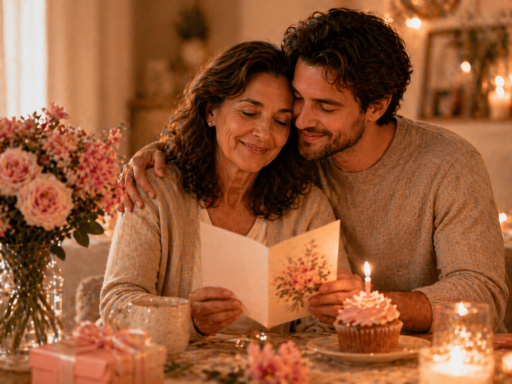 Imagen emotiva de madre e hijo abrazados leyendo una tarjeta de cumpleaños, con flores rosadas, cupcake con vela y ambiente cálido para sección de frases de cumpleaños para mamá de parte de un hijo