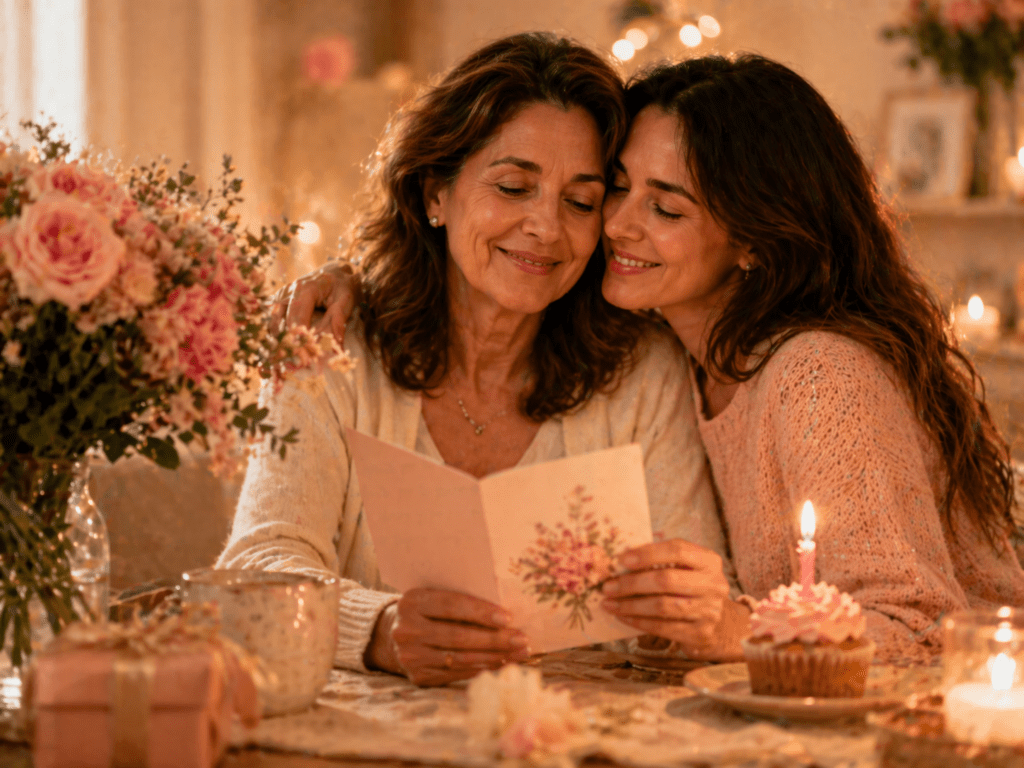 Imagen emotiva de madre e hija abrazadas leyendo una tarjeta de cumpleaños, con flores rosadas, cupcake con vela y ambiente cálido para sección de frases de cumpleaños para mamá de parte de una hija