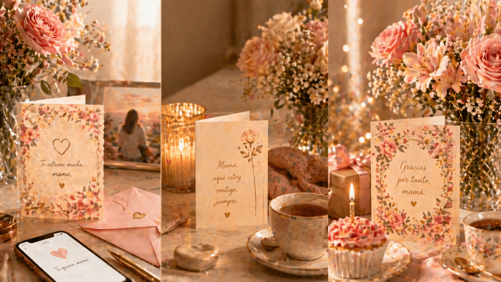 Imagen tipo collage con tarjetas de cumpleaños para mamá, flores rosadas, vela, taza y escenas emocionales para sección de frases de cumpleaños para mamá según el momento que está viviendo