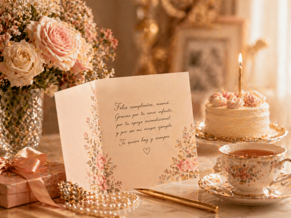 Imagen elegante con tarjeta de cumpleaños abierta, flores rosadas, pastel con vela, taza de té y detalles refinados para sección de frases elegantes para tarjetas de cumpleaños para mamá