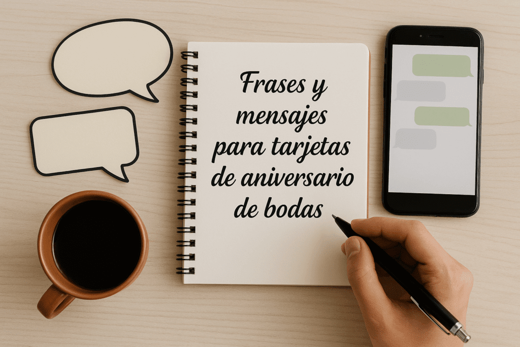 Flat lay de un cuaderno abierto con frases de aniversario escritas a mano, tarjetas en blanco y un bolígrafo sobre un escritorio de madera claro.