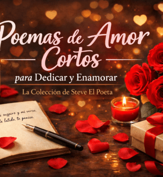 Portada horizontal romántica con rosas rojas, velas, pétalos y un cuaderno abierto para un artículo de poemas de amor cortos para dedicar y enamorar.