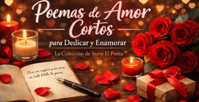 Portada horizontal romántica con rosas rojas, velas, pétalos y un cuaderno abierto para un artículo de poemas de amor cortos para dedicar y enamorar.