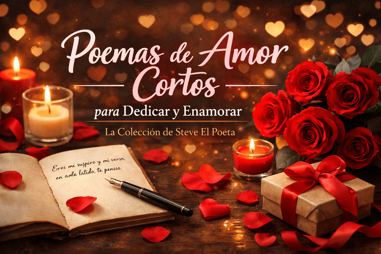 Portada horizontal romántica con rosas rojas, velas, pétalos y un cuaderno abierto para un artículo de poemas de amor cortos para dedicar y enamorar.