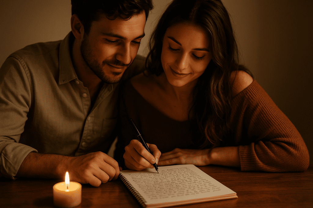 Pareja joven escribiendo una carta de amor a la luz de una vela sobre una mesa de madera.