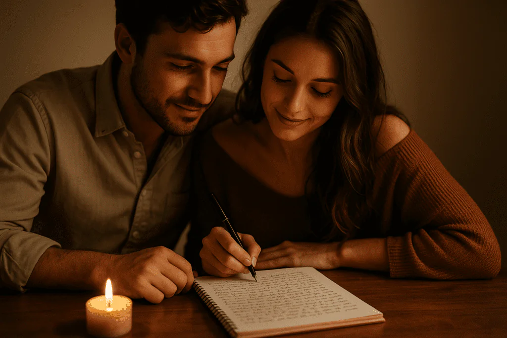 Pareja joven escribiendo una carta de amor a la luz de una vela sobre una mesa de madera.