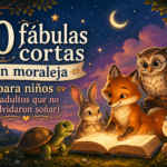 Ilustración de fábulas cortas con moraleja para niños: zorro, conejo, búho, tortuga y ciervo alrededor de un libro brillante en un bosque mágico al anochecer.