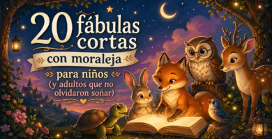 Ilustración de fábulas cortas con moraleja para niños: zorro, conejo, búho, tortuga y ciervo alrededor de un libro brillante en un bosque mágico al anochecer.