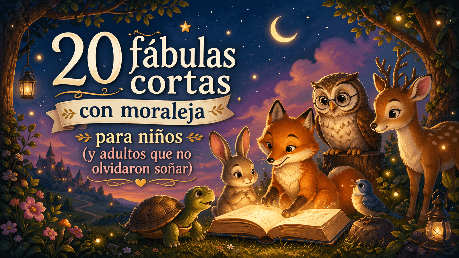 Ilustración de fábulas cortas con moraleja para niños: zorro, conejo, búho, tortuga y ciervo alrededor de un libro brillante en un bosque mágico al anochecer.