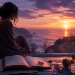 mujer contemplando el atardecer junto a una ventana con un cuaderno abierto, rosas y un paisaje marino que transmite desamor y sanación