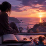 mujer contemplando el atardecer junto a una ventana con un cuaderno abierto, rosas y un paisaje marino que transmite desamor y sanación