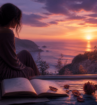 mujer contemplando el atardecer junto a una ventana con un cuaderno abierto, rosas y un paisaje marino que transmite desamor y sanación