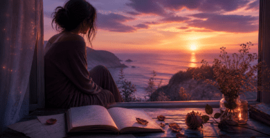 mujer contemplando el atardecer junto a una ventana con un cuaderno abierto, rosas y un paisaje marino que transmite desamor y sanación