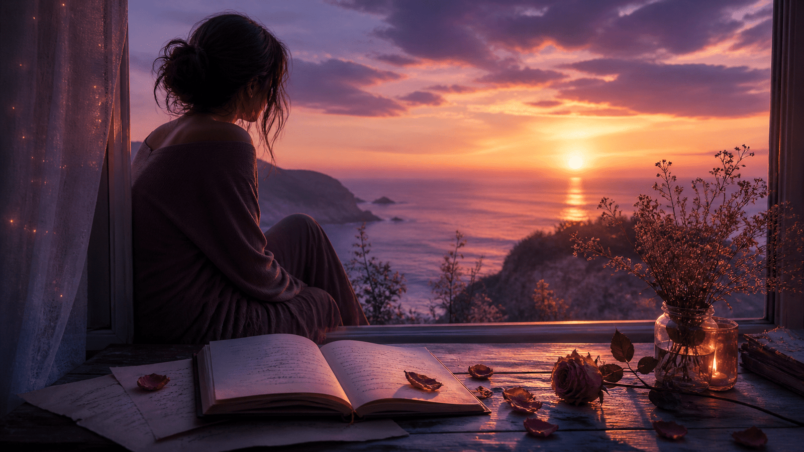 mujer contemplando el atardecer junto a una ventana con un cuaderno abierto, rosas y un paisaje marino que transmite desamor y sanación