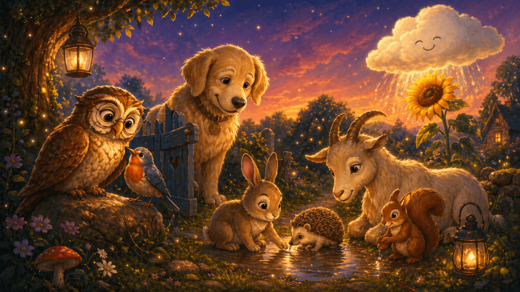 Ilustración horizontal de animales compartiendo agua en un bosque mágico, ideal para una sección de fábulas sobre amistad, empatía y cooperación.