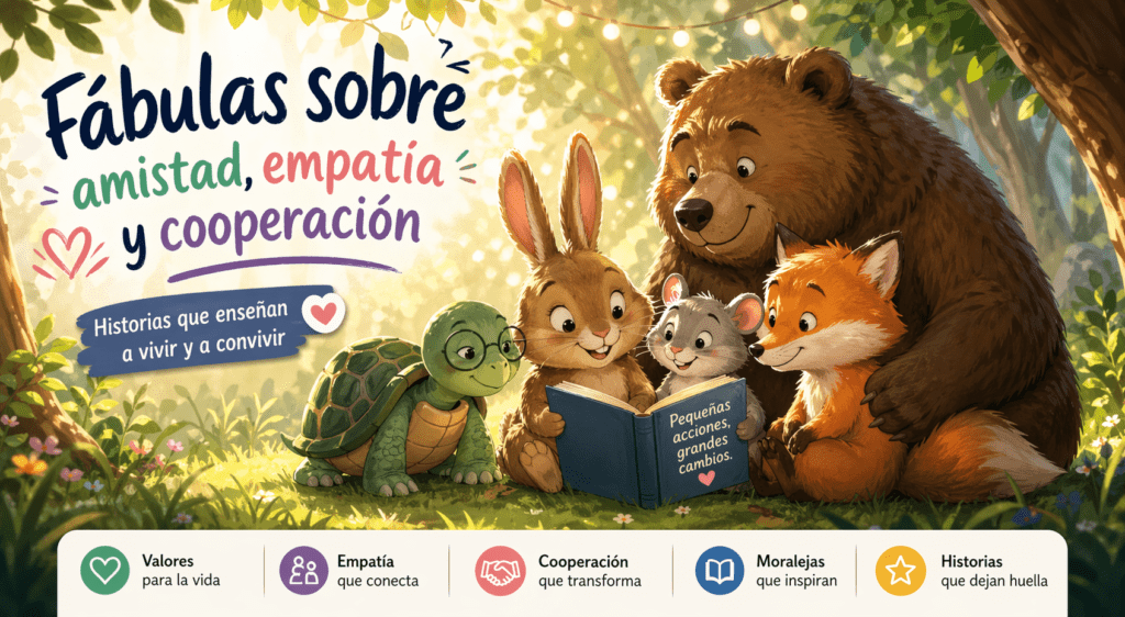 Ilustración horizontal de animales leyendo juntos en el bosque, ideal para una sección de fábulas sobre humildad, prudencia y respeto.