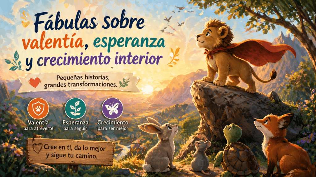 Ilustración horizontal de un león joven con capa sobre una roca, acompañado por un conejo, una tortuga, un ratón y un zorro, en una escena de fábulas sobre valentía, esperanza y crecimiento interior.