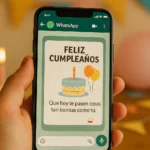 Persona sosteniendo un celular con tarjetas de cumpleaños para WhatsApp en la pantalla, rodeado de globos y confeti en formato horizontal.