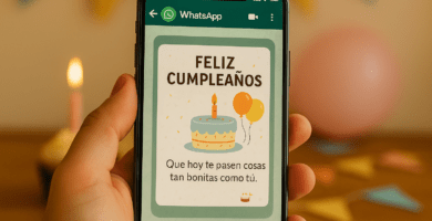 Persona sosteniendo un celular con tarjetas de cumpleaños para WhatsApp en la pantalla, rodeado de globos y confeti en formato horizontal.