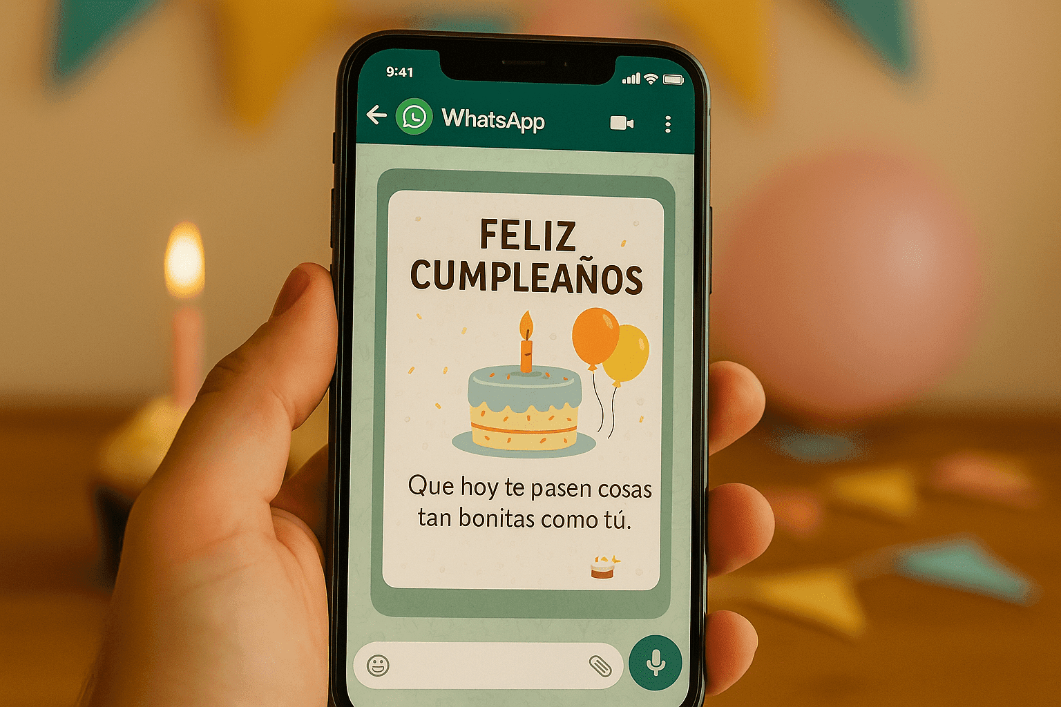 Persona sosteniendo un celular con tarjetas de cumpleaños para WhatsApp en la pantalla, rodeado de globos y confeti en formato horizontal.