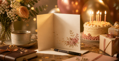 tarjeta de cumpleaños abierta sobre una mesa decorada con pastel, flores, regalos y una pluma elegante