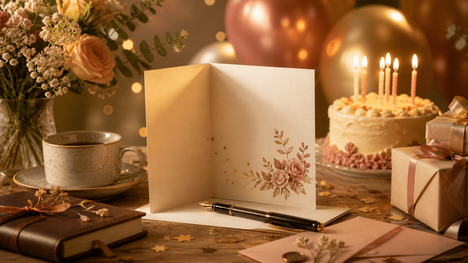 tarjeta de cumpleaños abierta sobre una mesa decorada con pastel, flores, regalos y una pluma elegante