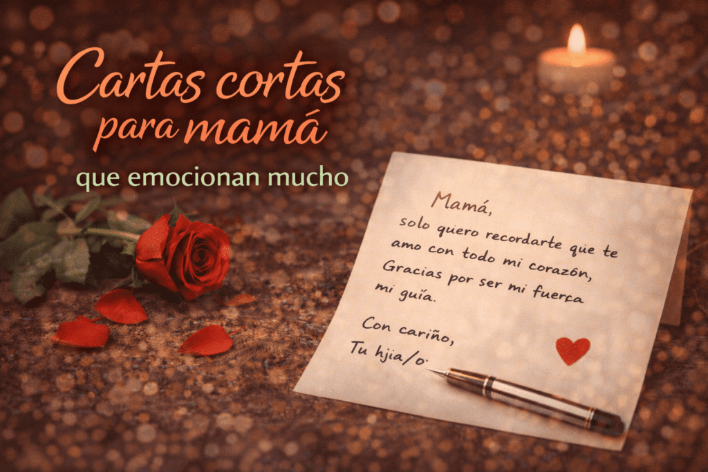 Imagen emotiva con cuaderno, carta breve escrita a mano y detalles románticos para sección de cartas cortas para mamá que emocionan mucho