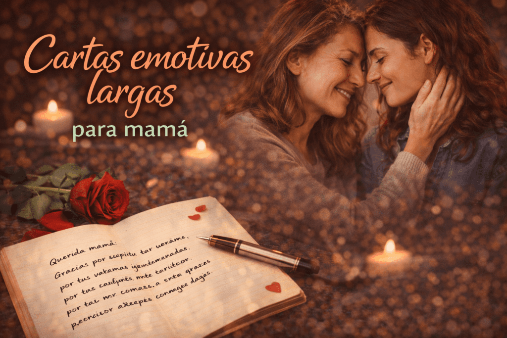 Imagen emotiva de madre e hija abrazadas con cuaderno abierto, carta escrita a mano y rosa roja para sección de cartas emotivas largas para mamá