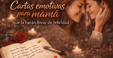 Imagen de portada con madre e hija abrazadas, cuaderno con carta escrita a mano y rosa roja para artículo sobre cartas emotivas para mamá