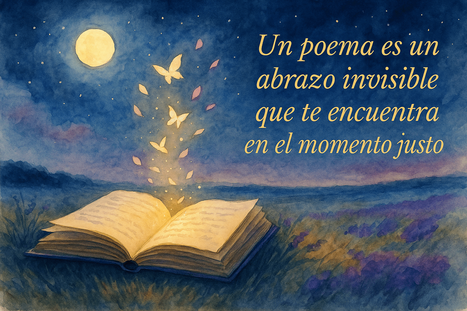 libro abierto bajo la luna con mariposas luminosas y frase poética sobre el valor de un poema