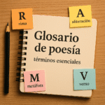 La poesía usa herramientas precisas para concentrar sentido, ritmo e imagen. Este glosario ofrece definiciones claras, ejemplos breves y una nota de uso práctico para que leas y escribas con más control.