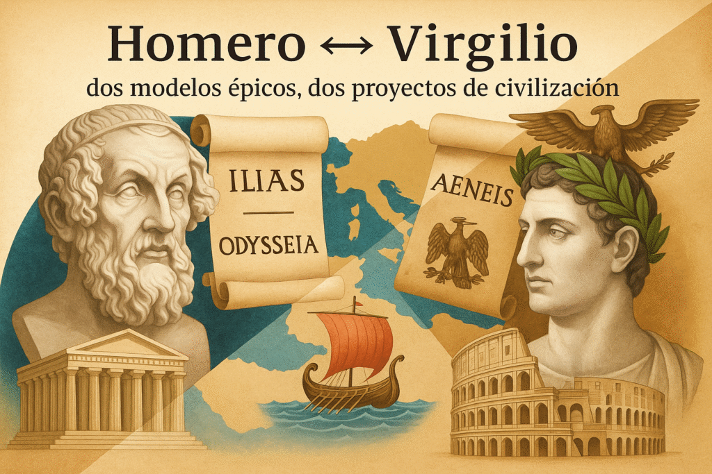Homero-↔-Virgilio-dos-modelos-epicos-dos-proyectos-de-civilizacion-1024x683 Obras de Virgilio: La Eneida y su influencia en la literatura universal