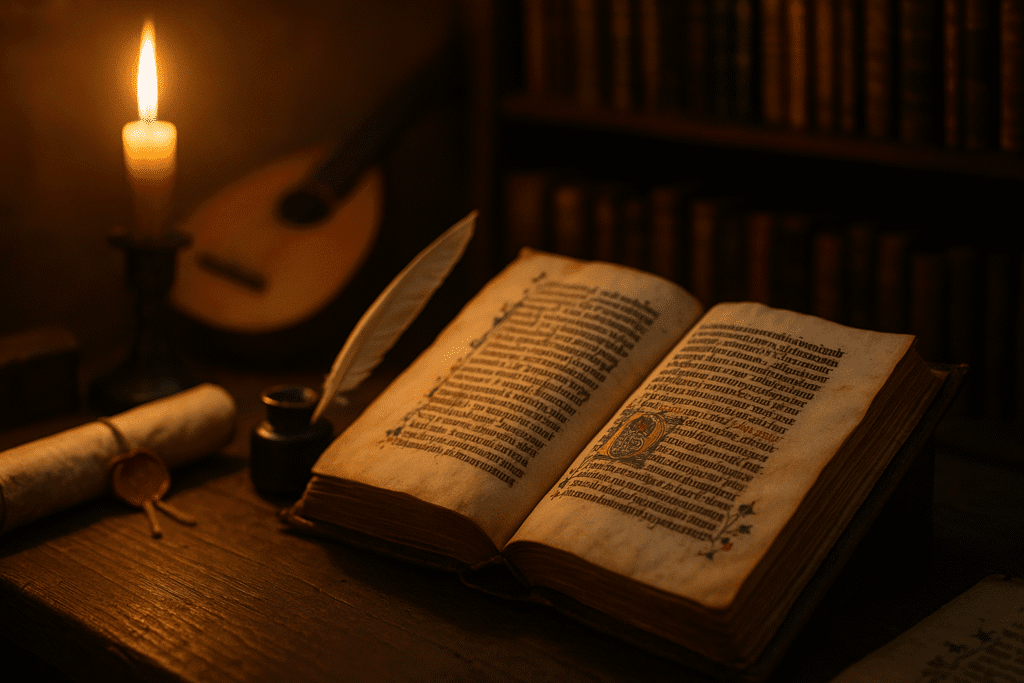 La Edad Media fue el tiempo en que la poesía vivió entre la plaza y el manuscrito. La palabra seguía oyéndose en ferias, caminos y cortes, sostenida por la musicalidad que facilita recordar; pero empezó a fijarse en la página, lo que permitió pulir estructuras, conservar variantes y multiplicar lecturas. De ese abrazo entre voz y escritura nacen rasgos que todavía hoy reconocemos: versos que “caminan” al ritmo del habla, rimas que facilitan la memoria y fórmulas que anclan escenas, junto con estrofas cada vez más regulares y un gusto creciente por la precisión formal.