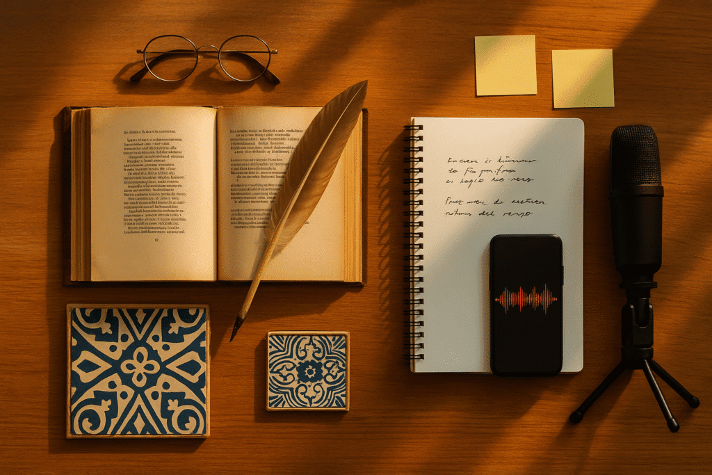 Libro antiguo de sonetos junto a micrófono y cuaderno contemporáneo sobre un escritorio de madera; luz cálida que une tradición y vanguardia.