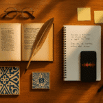 Libro antiguo de sonetos junto a micrófono y cuaderno contemporáneo sobre un escritorio de madera; luz cálida que une tradición y vanguardia.