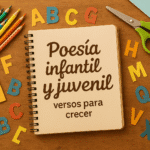 “Cuaderno abierto con título ‘Poesía infantil y juvenil’ junto a lápices de colores, tijeras y recortes en forma de letras sobre mesa de madera.