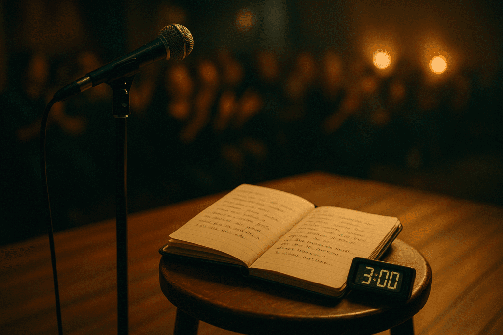 Micrófono, cuaderno y cronómetro en escenario de slam poetry con público aplaudiendo”.