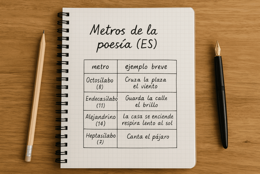 Nota de uso: los ejemplos son originales y están pensados para que puedas oírlos en voz alta. Si una lectura alternativa te da 1 sílaba arriba/abajo por sinalefa o sinéresis, quédate con la lectura más natural.