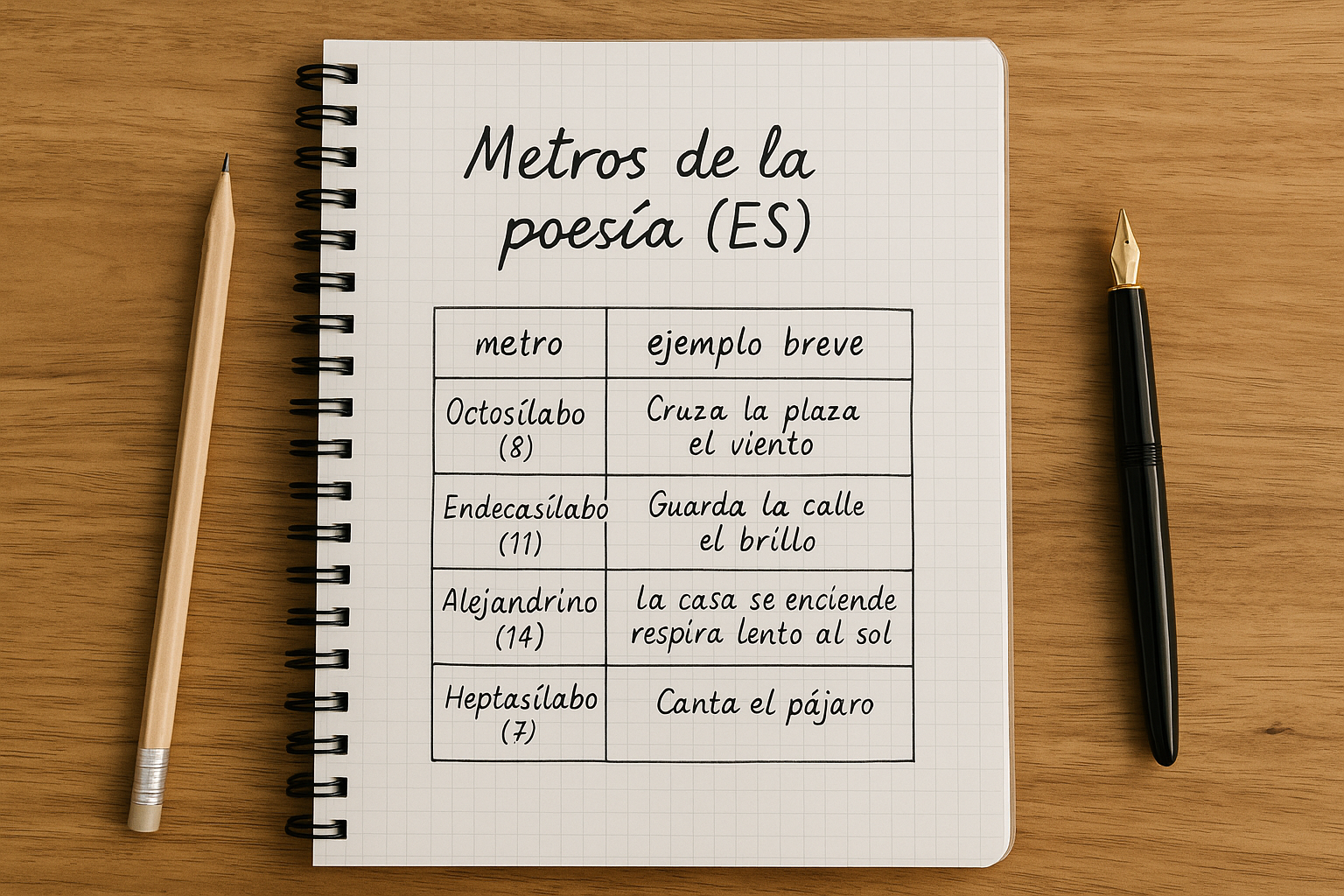 Tabla-de-metros-de-la-poesia-ES-en-cuaderno-con-lapiz-y-pluma-sobre-mesa-de-madera Tabla esencial de metros más usados (completa, con ejemplo breve)