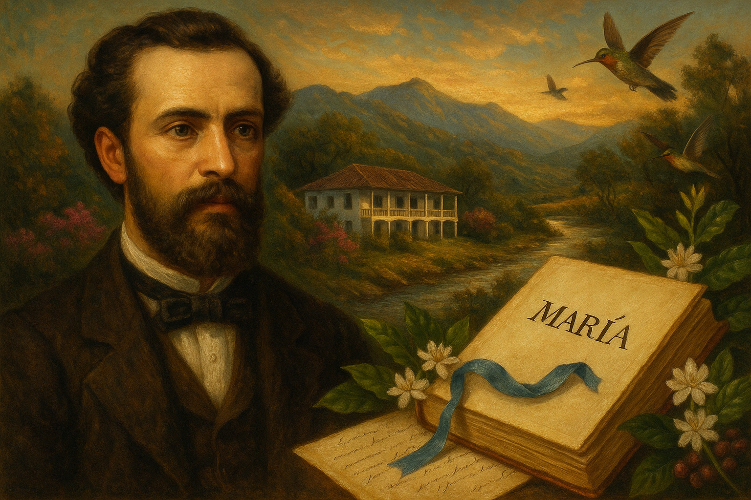 Jorge-Isaacs-y-paisajes-del-Valle-del-Cauca-junto-al-libro-Maria Obras de Jorge Isaacs: María y su legado romántico en América Latina