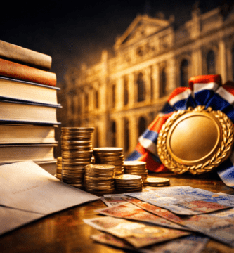 Libros y billetes chilenos junto a una medalla, con Casa Central de la U. de Chile al fondo: Premio Manuel Montt $40 millones.