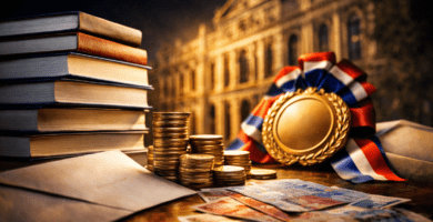 Libros y billetes chilenos junto a una medalla, con Casa Central de la U. de Chile al fondo: Premio Manuel Montt $40 millones.