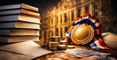 Libros y billetes chilenos junto a una medalla, con Casa Central de la U. de Chile al fondo: Premio Manuel Montt $40 millones.