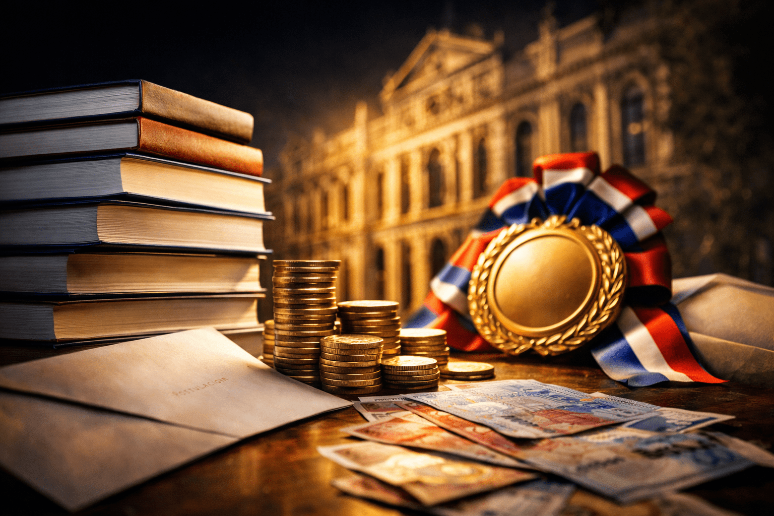 Libros y billetes chilenos junto a una medalla, con Casa Central de la U. de Chile al fondo: Premio Manuel Montt $40 millones.